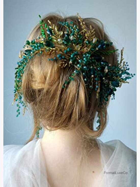 Vintage Green Beads Headpiece with Earrings Gold Headband Wedding Hair main image 4